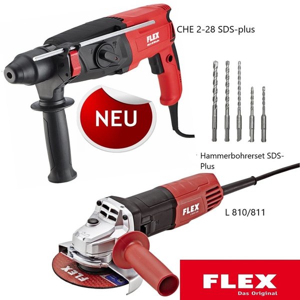 Flex Bohrhammer CHE 2-28 SDS-plus + Bohrer Set+ L811 Winkelschleifer #501.646